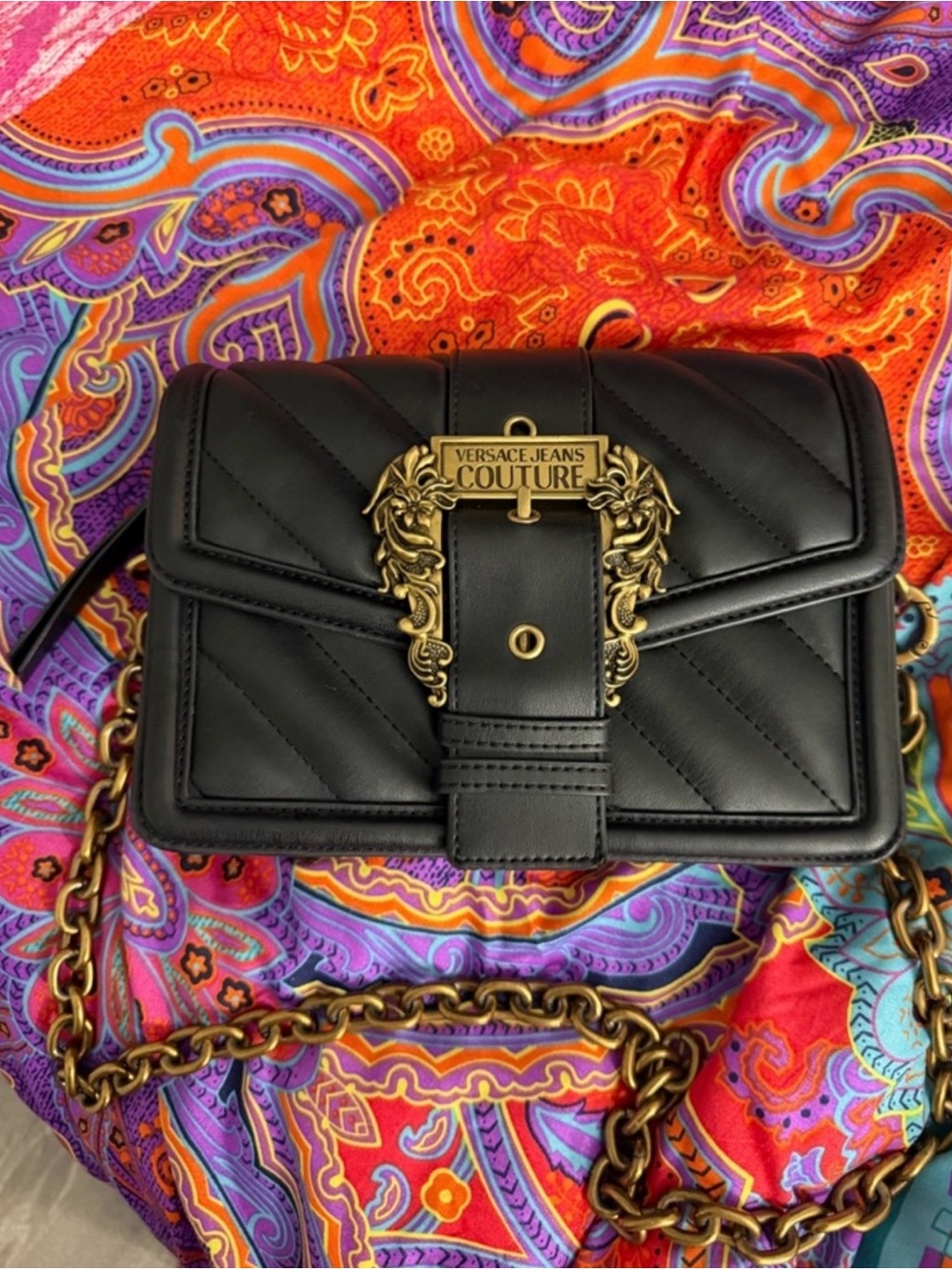 Versace Jeans Couture Black Quilted Leather Crossbody Bag with Gold Hardware